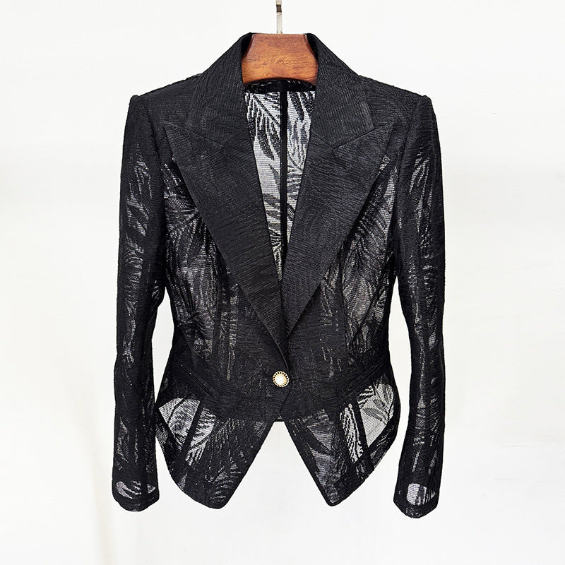 Black Embroidered Mesh Blazer for Cocktail Parties and Evening Elegance Women-Vyana Collective