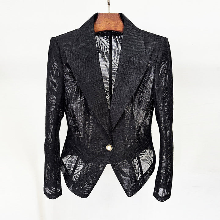 Black Embroidered Mesh Blazer for Cocktail Parties and Evening Elegance Women-Vyana Collective