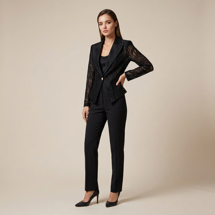 Black Embroidered Mesh Blazer for Cocktail Parties and Evening Elegance Women-Vyana Collective
