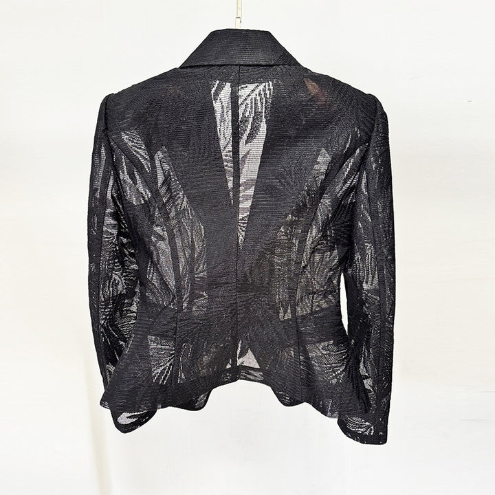 Black Embroidered Mesh Blazer for Cocktail Parties and Evening Elegance Women-Vyana Collective