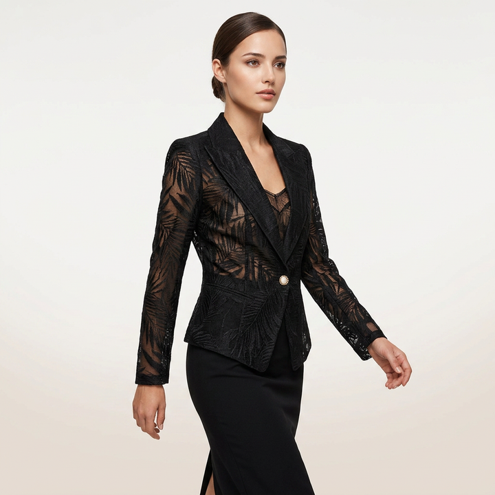 Black Embroidered Mesh Blazer for Cocktail Parties and Evening Elegance Women-Vyana Collective