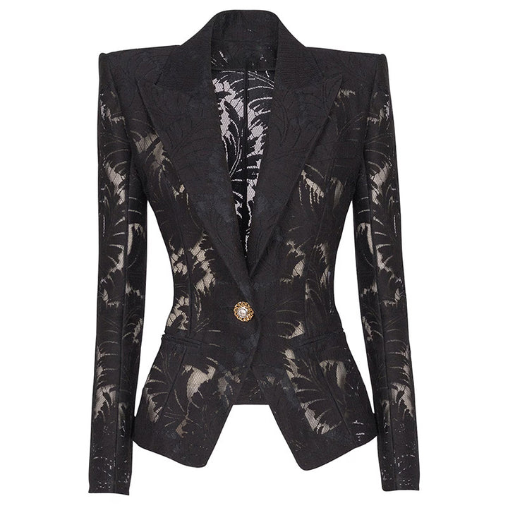 Black Embroidered Mesh Blazer for Cocktail Parties and Evening Elegance Women-Vyana Collective