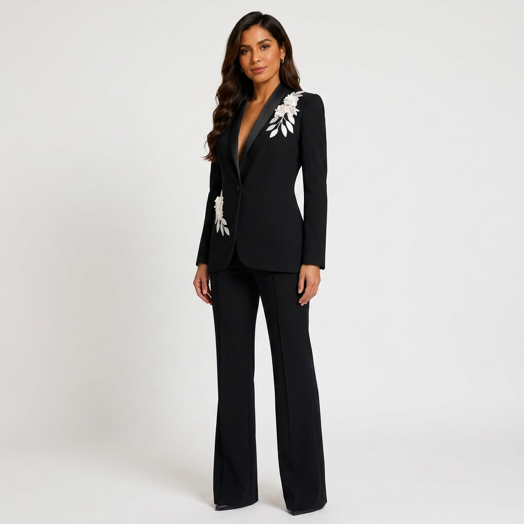 Black Floral Embroidered Blazer and Wide-Leg Pants Set-Vyana Collective