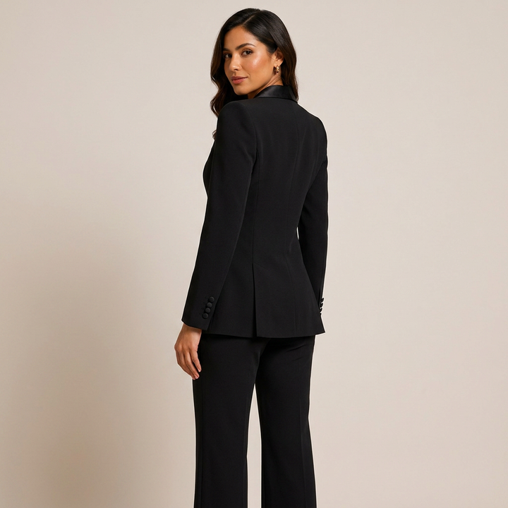 Black Floral Embroidered Blazer and Wide-Leg Pants Set-Vyana Collective