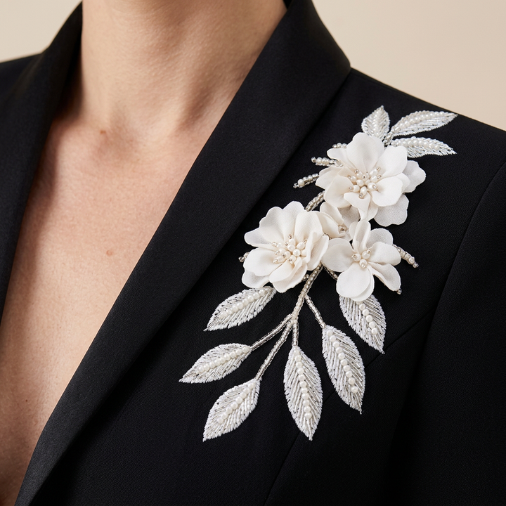 Black Floral Embroidered Blazer and Wide-Leg Pants Set-Vyana Collective