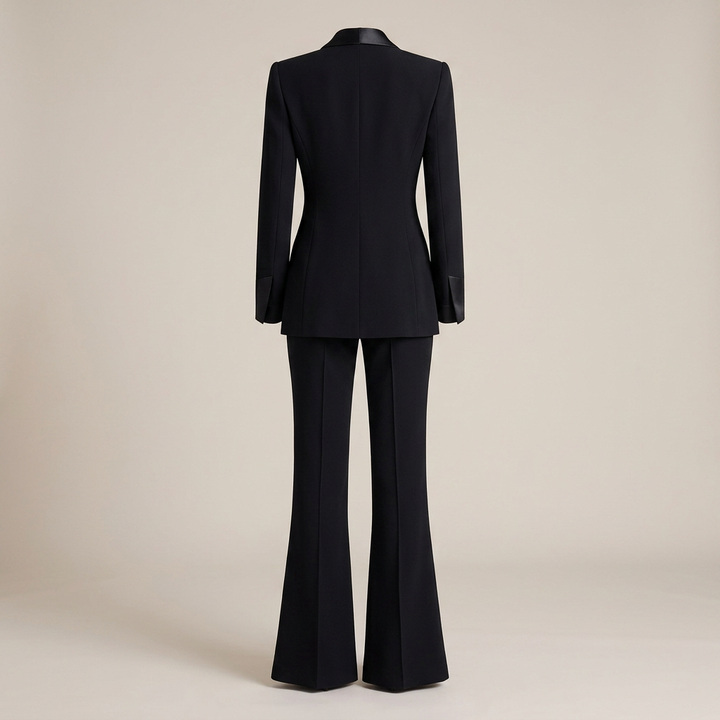 Black Floral Embroidered Blazer and Wide-Leg Pants Set-Vyana Collective