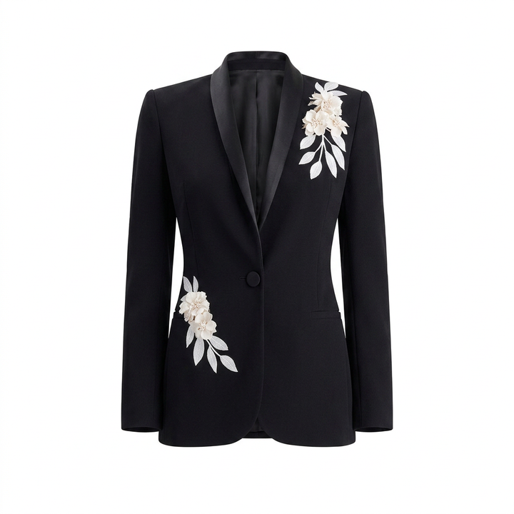 Black Floral Embroidered Blazer and Wide-Leg Pants Set-Vyana Collective