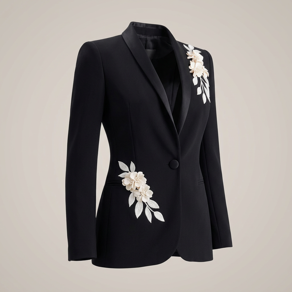 Black Floral Embroidered Blazer and Wide-Leg Pants Set-Vyana Collective