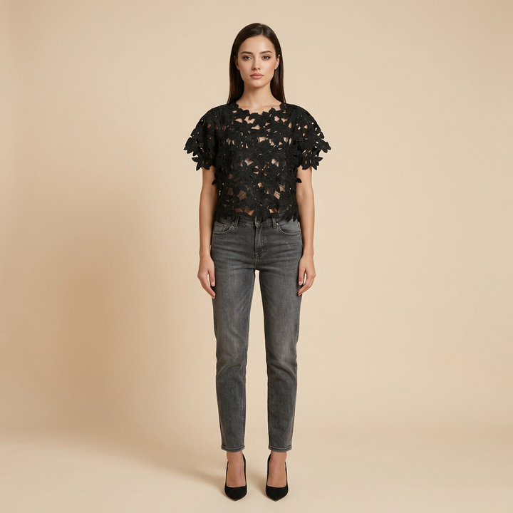 Black Floral Lace Sheer Crop Top for Date Nights, Concerts & Evening Outfits for Women-Vyana Collective