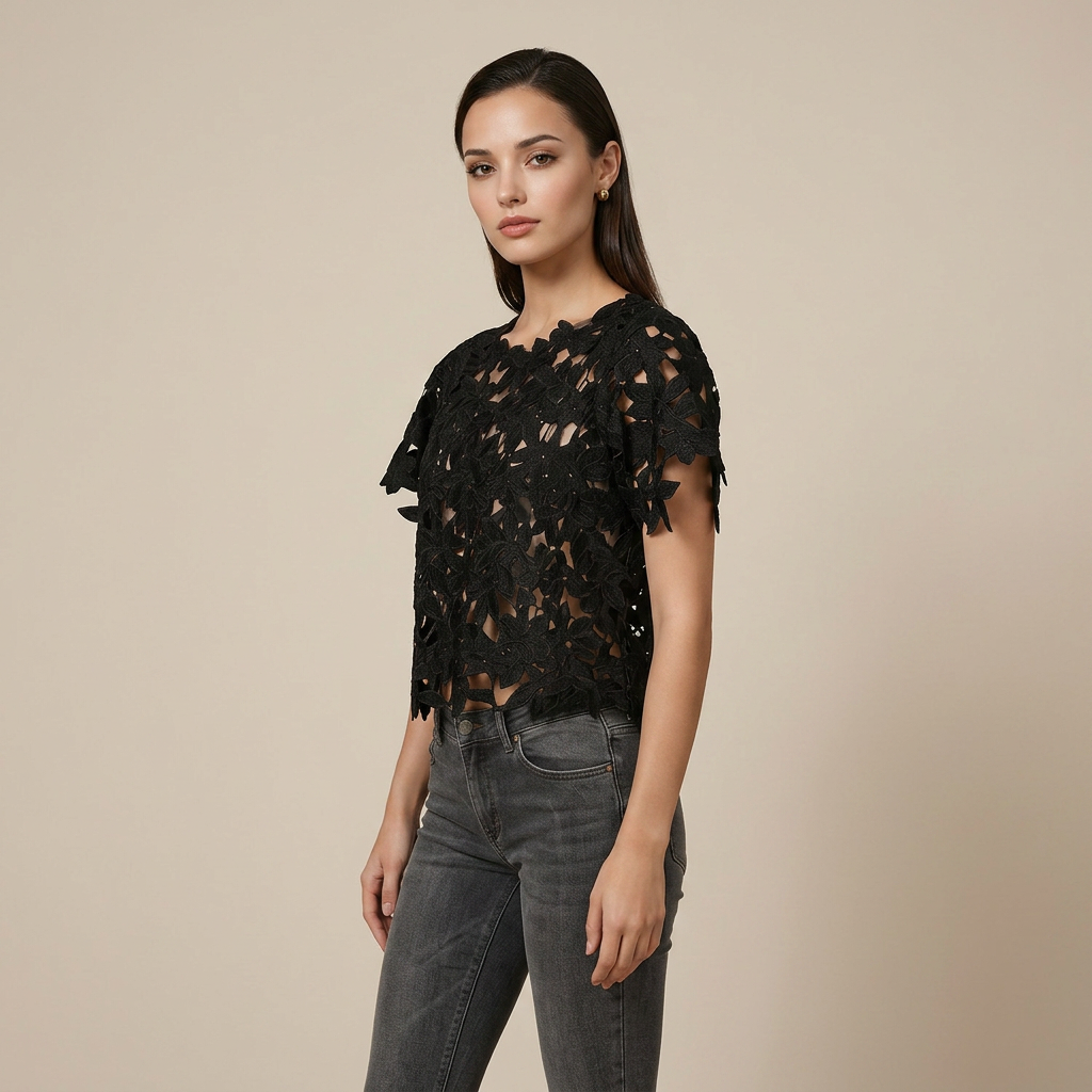 Black Floral Lace Sheer Crop Top for Date Nights, Concerts & Evening Outfits for Women-Vyana Collective
