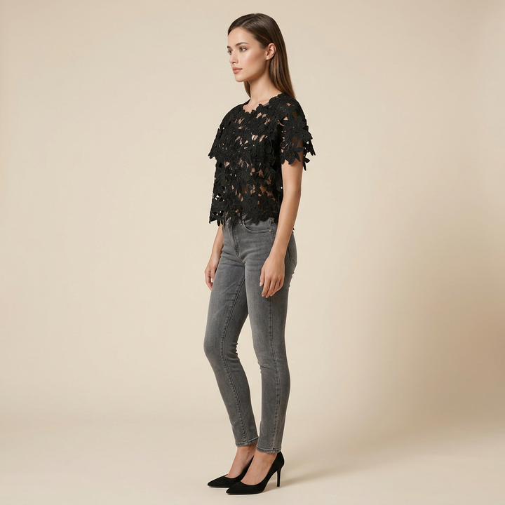 Black Floral Lace Sheer Crop Top for Date Nights, Concerts & Evening Outfits for Women-Vyana Collective