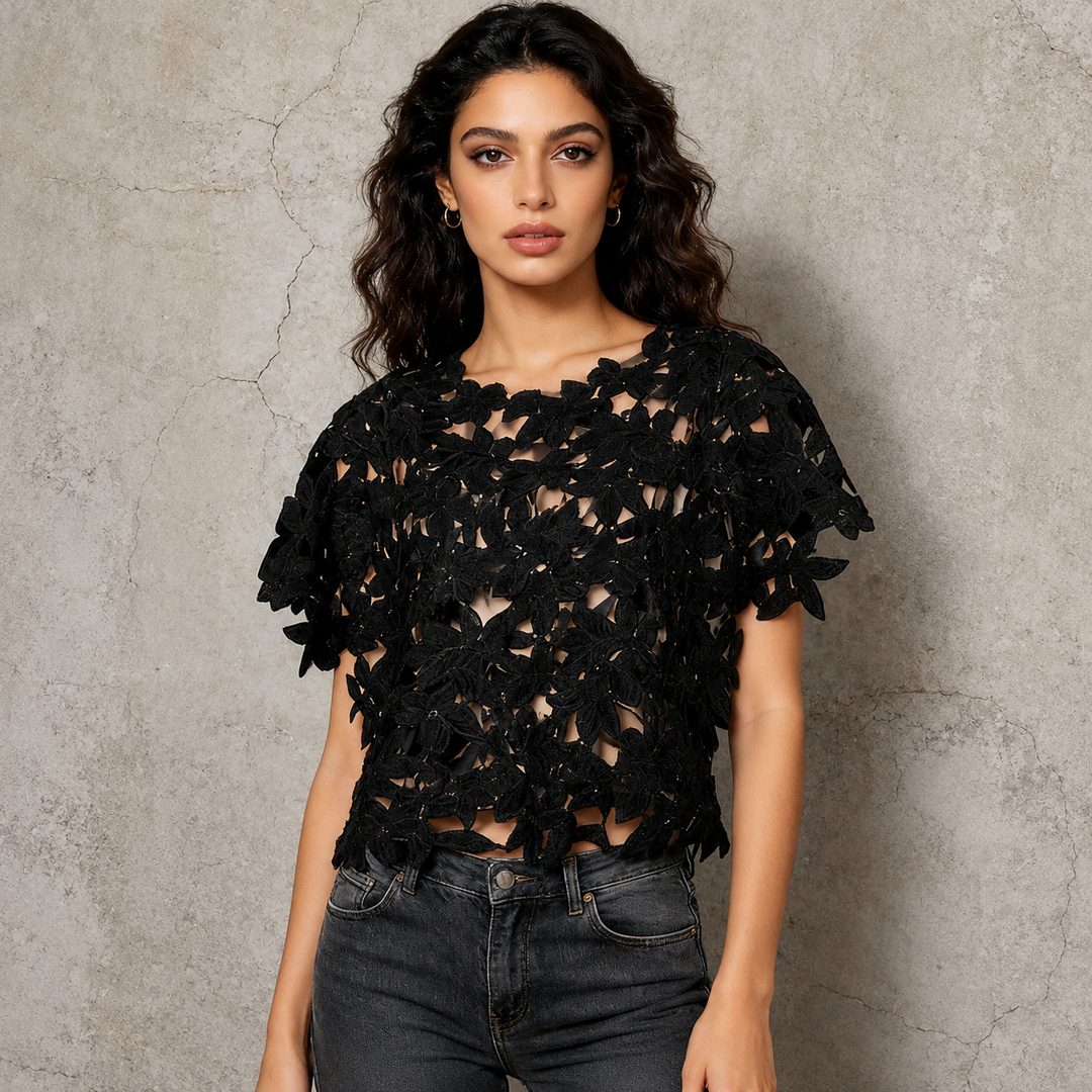 Black Floral Lace Sheer Crop Top for Date Nights, Concerts & Evening Outfits for Women-Vyana Collective