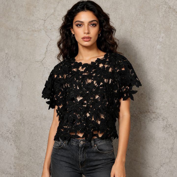 Black Floral Lace Sheer Crop Top for Date Nights, Concerts & Evening Outfits for Women-Vyana Collective