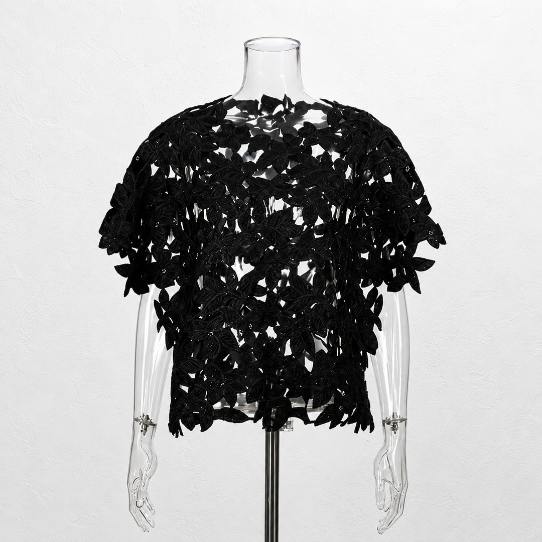 Black Floral Lace Sheer Crop Top for Date Nights, Concerts & Evening Outfits for Women-Vyana Collective