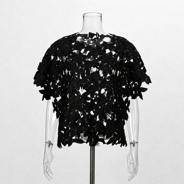 Black Floral Lace Sheer Crop Top for Date Nights, Concerts & Evening Outfits for Women-Vyana Collective