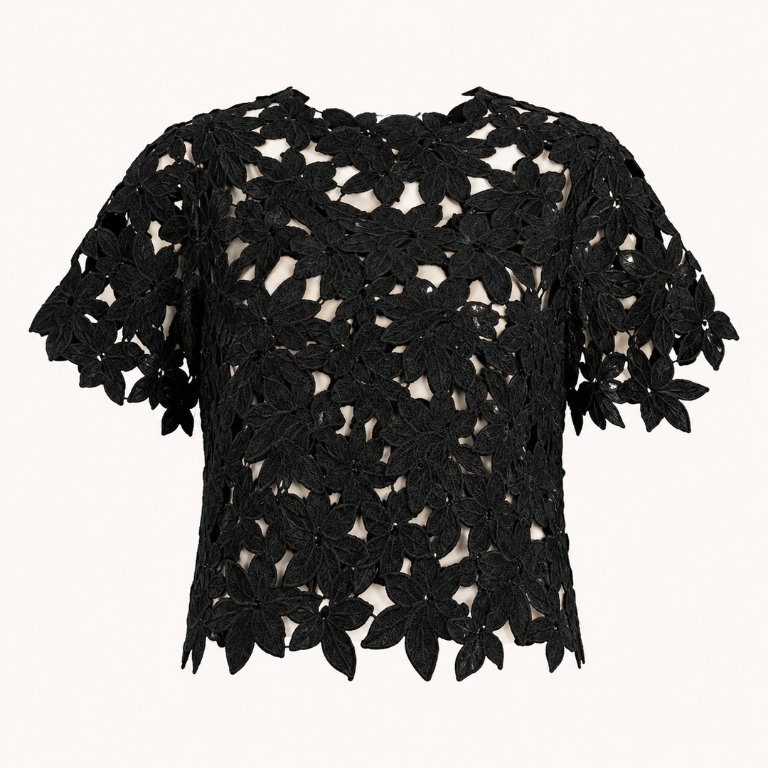 Black Floral Lace Sheer Crop Top for Date Nights, Concerts & Evening Outfits for Women-Vyana Collective