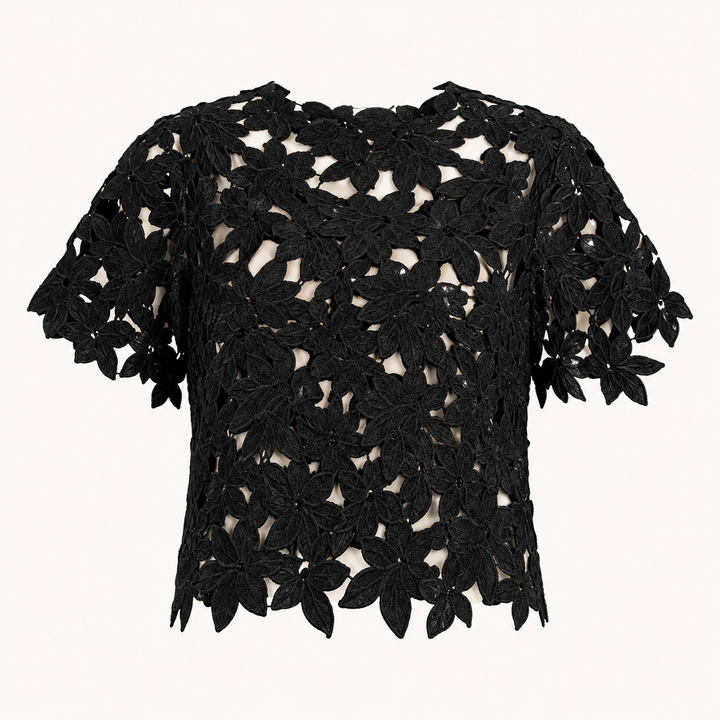 Black Floral Lace Sheer Crop Top for Date Nights, Concerts & Evening Outfits for Women-Vyana Collective