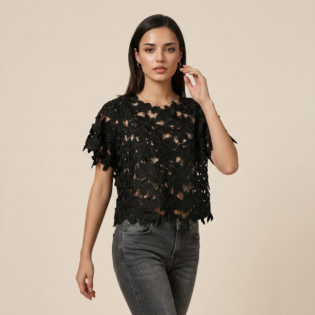 Black Floral Lace Sheer Crop Top for Date Nights, Concerts & Evening Outfits for Women-Vyana Collective