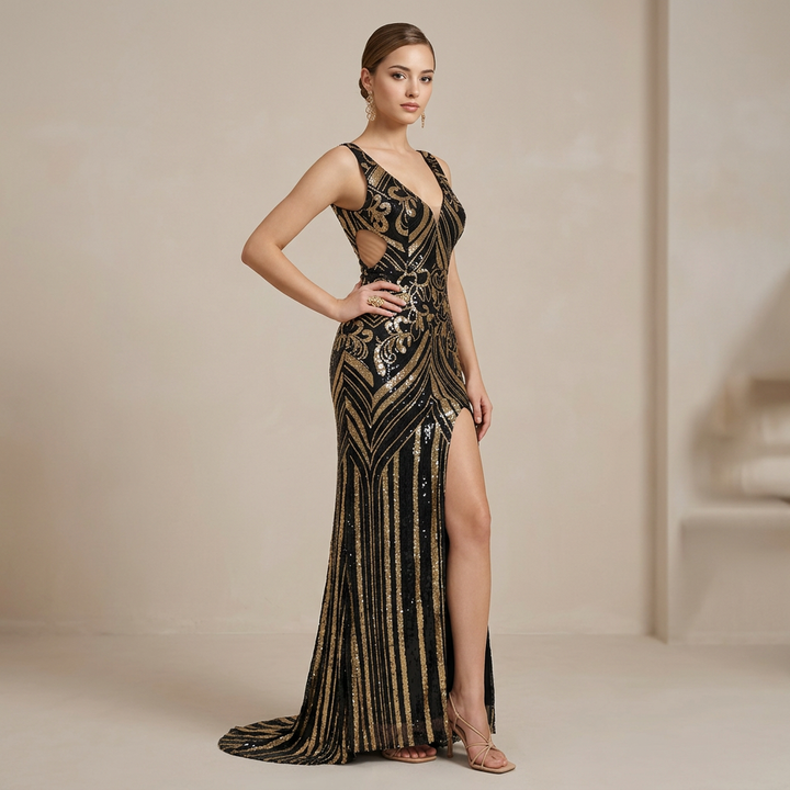 Black &amp; Gold Sequin Mermaid Evening Gown with V-Neck, Sleeveless Formal Maxi Dress-Vyana Collective