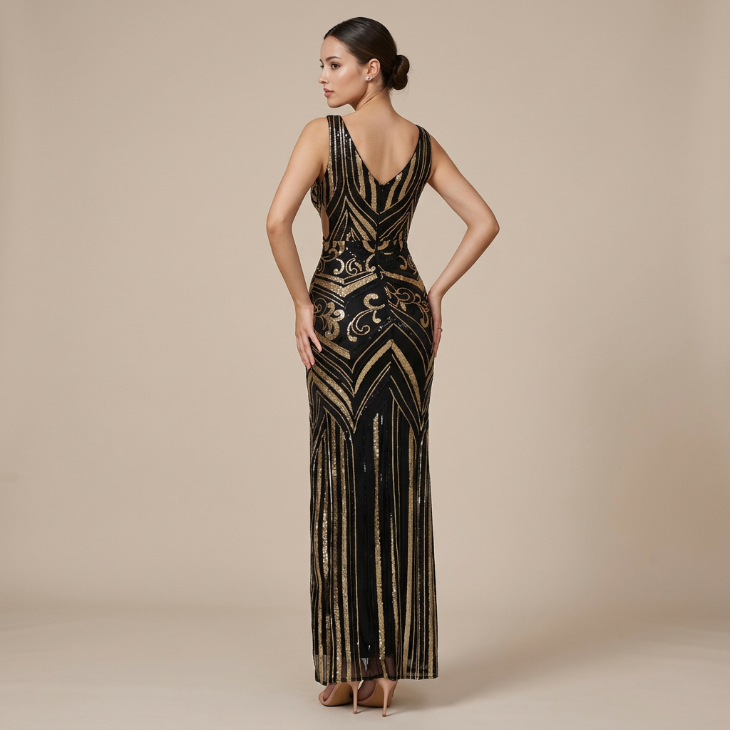 Black &amp; Gold Sequin Mermaid Evening Gown with V-Neck, Sleeveless Formal Maxi Dress-Vyana Collective