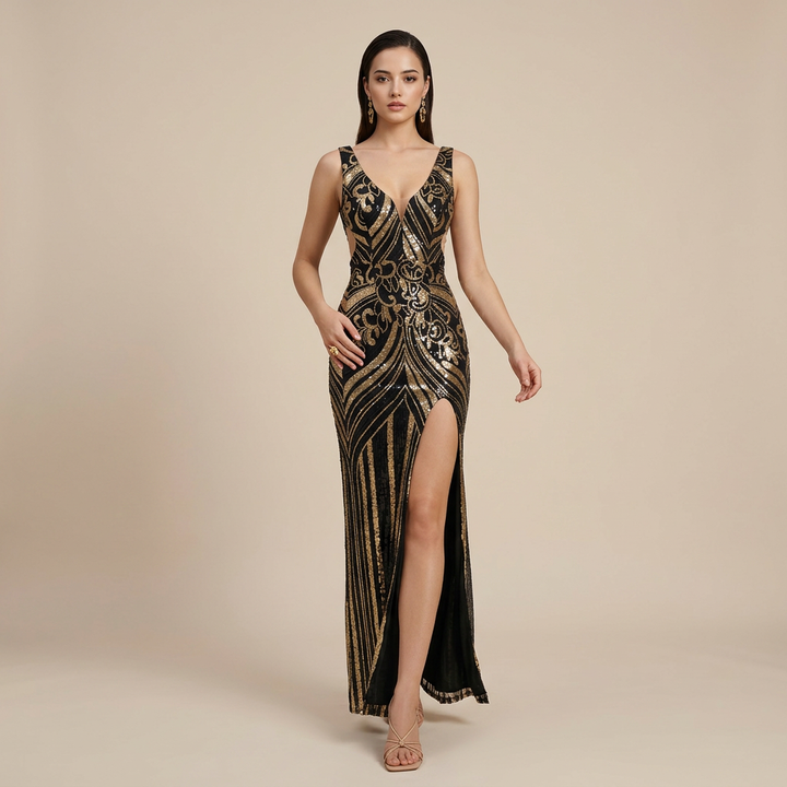 Black &amp; Gold Sequin Mermaid Evening Gown with V-Neck, Sleeveless Formal Maxi Dress-Vyana Collective