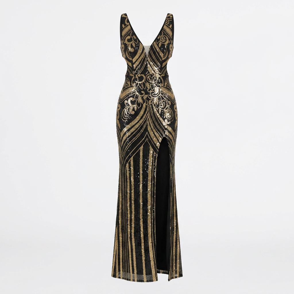 Black &amp; Gold Sequin Mermaid Evening Gown with V-Neck, Sleeveless Formal Maxi Dress-Vyana Collective