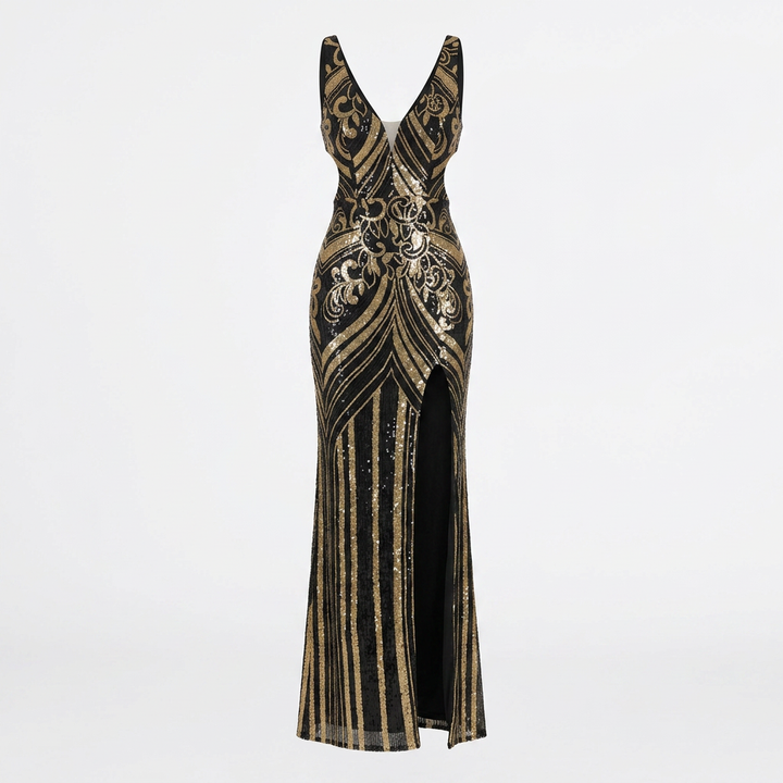 Black &amp; Gold Sequin Mermaid Evening Gown with V-Neck, Sleeveless Formal Maxi Dress-Vyana Collective