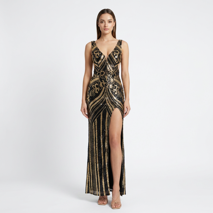 Black &amp; Gold Sequin Mermaid Evening Gown with V-Neck, Sleeveless Formal Maxi Dress-Vyana Collective