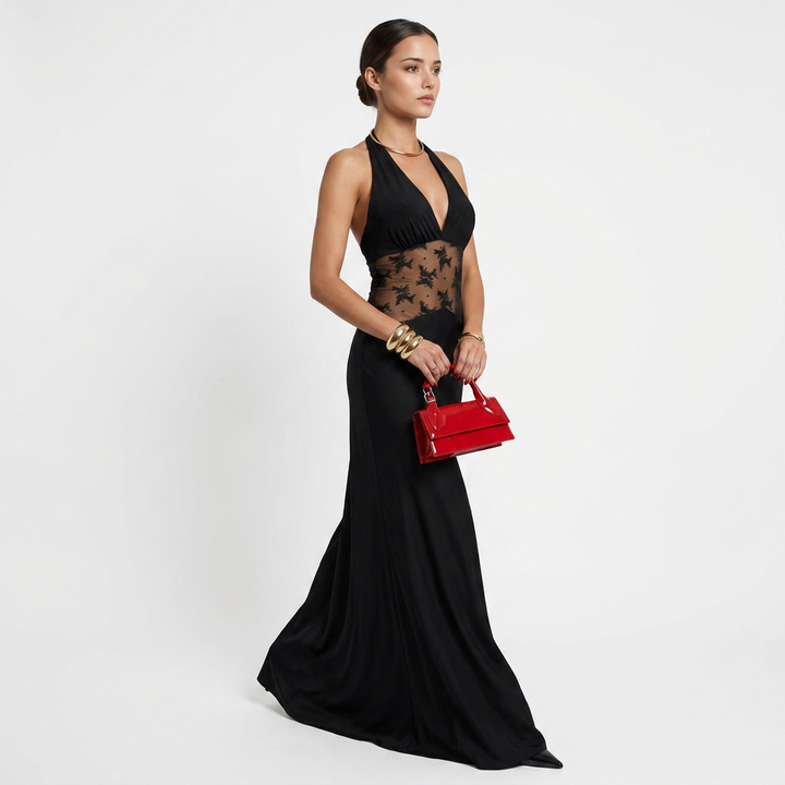 Black Halter Lace Maxi Dress for Friday Night Vibes and Evening Glamour Women-Vyana Collective