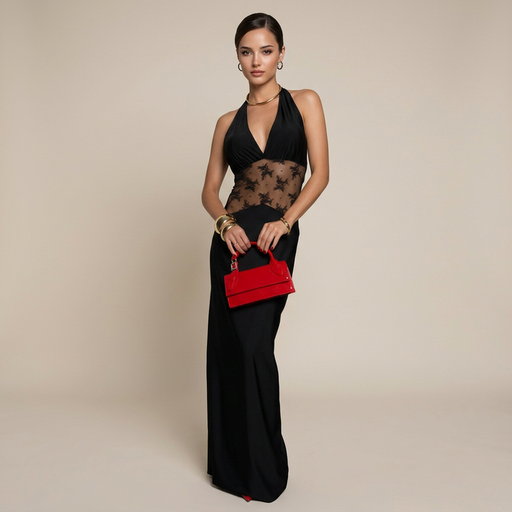 Black Halter Lace Maxi Dress for Friday Night Vibes and Evening Glamour Women-Vyana Collective