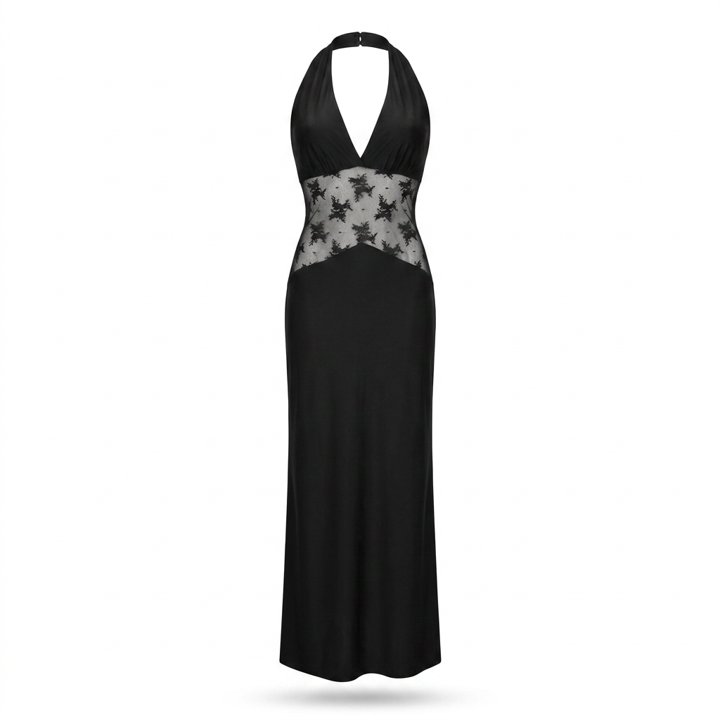 Black Halter Lace Maxi Dress for Friday Night Vibes and Evening Glamour Women-Vyana Collective