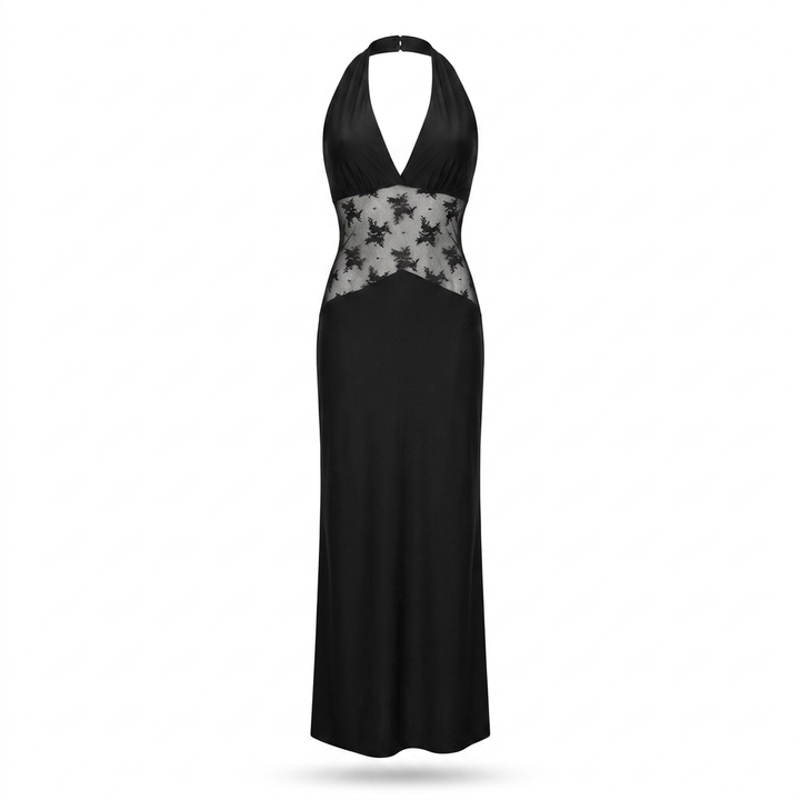 Black Halter Lace Maxi Dress for Friday Night Vibes and Evening Glamour Women-Vyana Collective