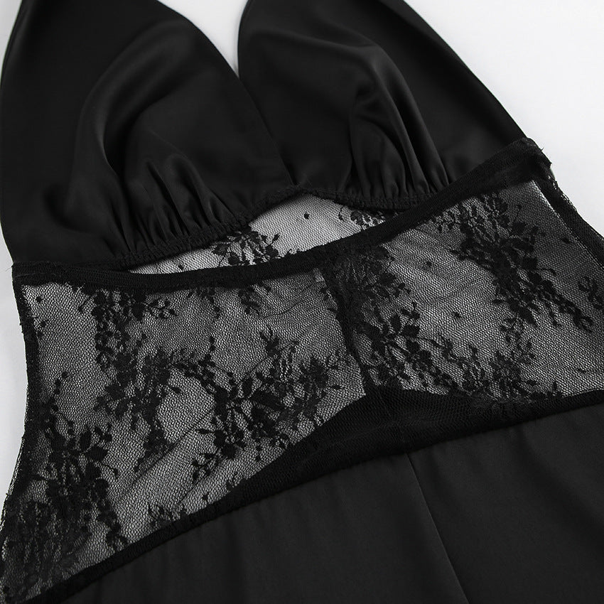 Black Halter Lace Maxi Dress for Friday Night Vibes and Evening Glamour Women-Vyana Collective