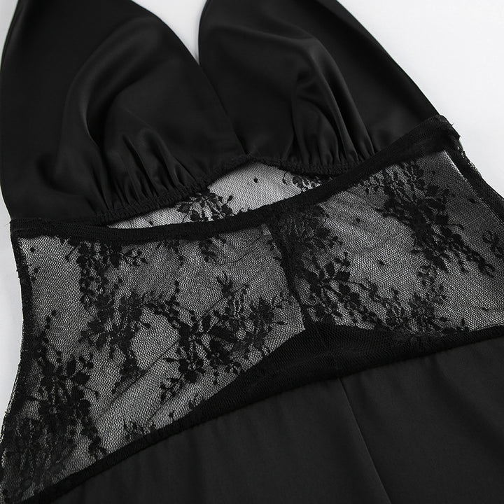 Black Halter Lace Maxi Dress for Friday Night Vibes and Evening Glamour Women-Vyana Collective