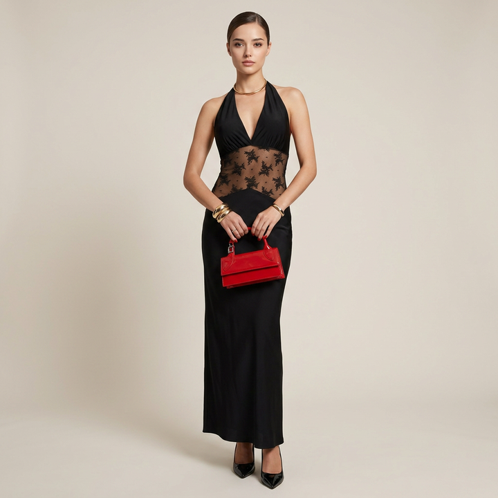 Black Halter Lace Maxi Dress for Friday Night Vibes and Evening Glamour Women-Vyana Collective