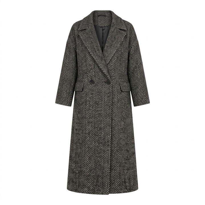 Black Herringbone Oversized Double-Breasted Long Wool-Blend Coat-Vyana Collective