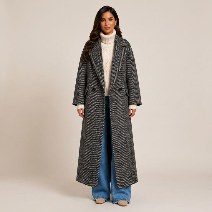 Black Herringbone Oversized Double-Breasted Long Wool-Blend Coat-Vyana Collective