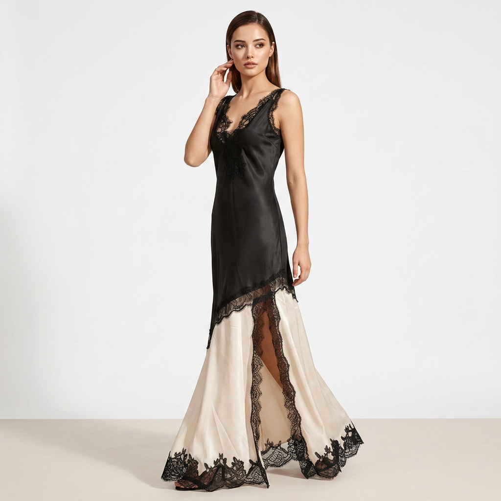 Black &amp; Ivory Satin Lace Slip Maxi Dress-Vyana Collective