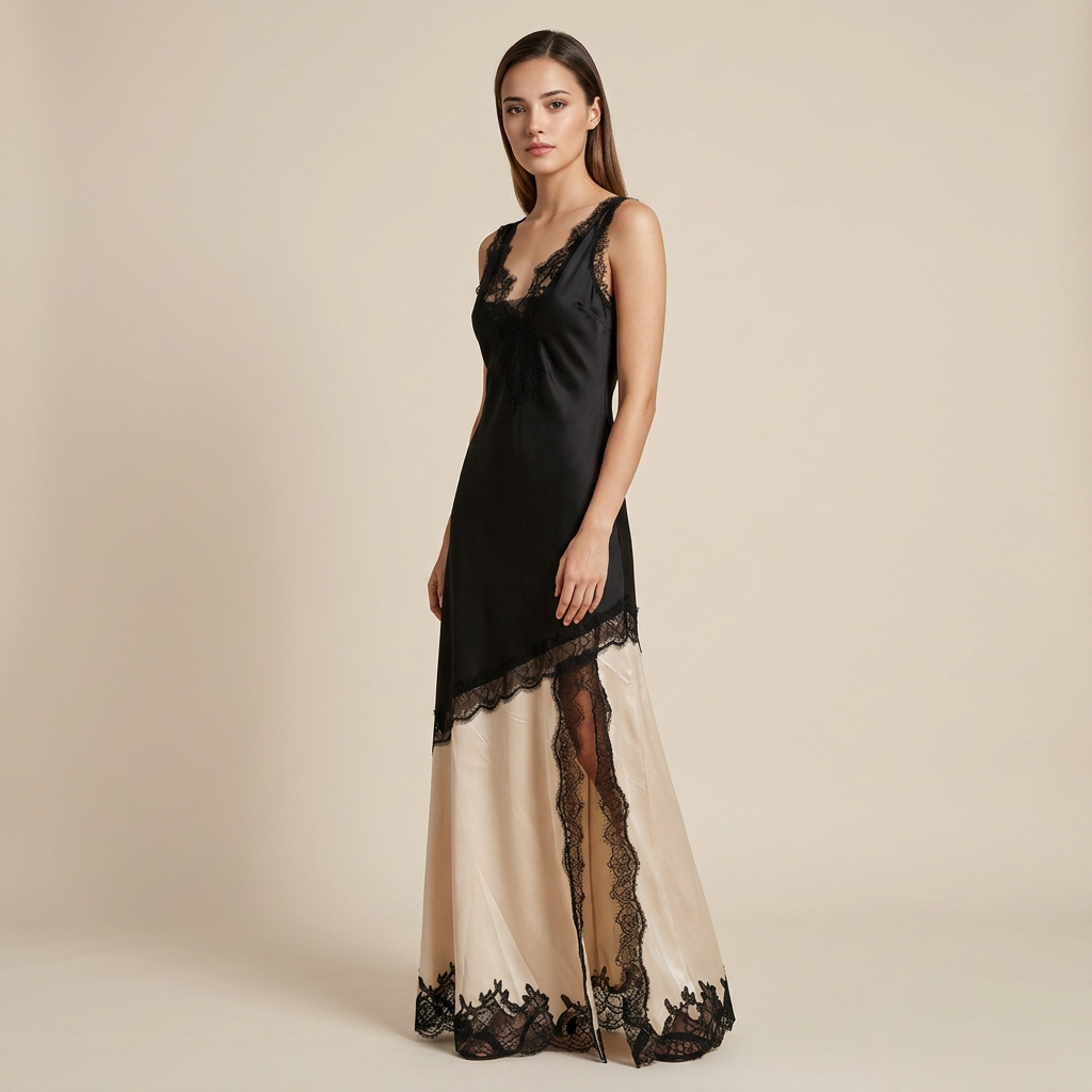Black &amp; Ivory Satin Lace Slip Maxi Dress-Vyana Collective