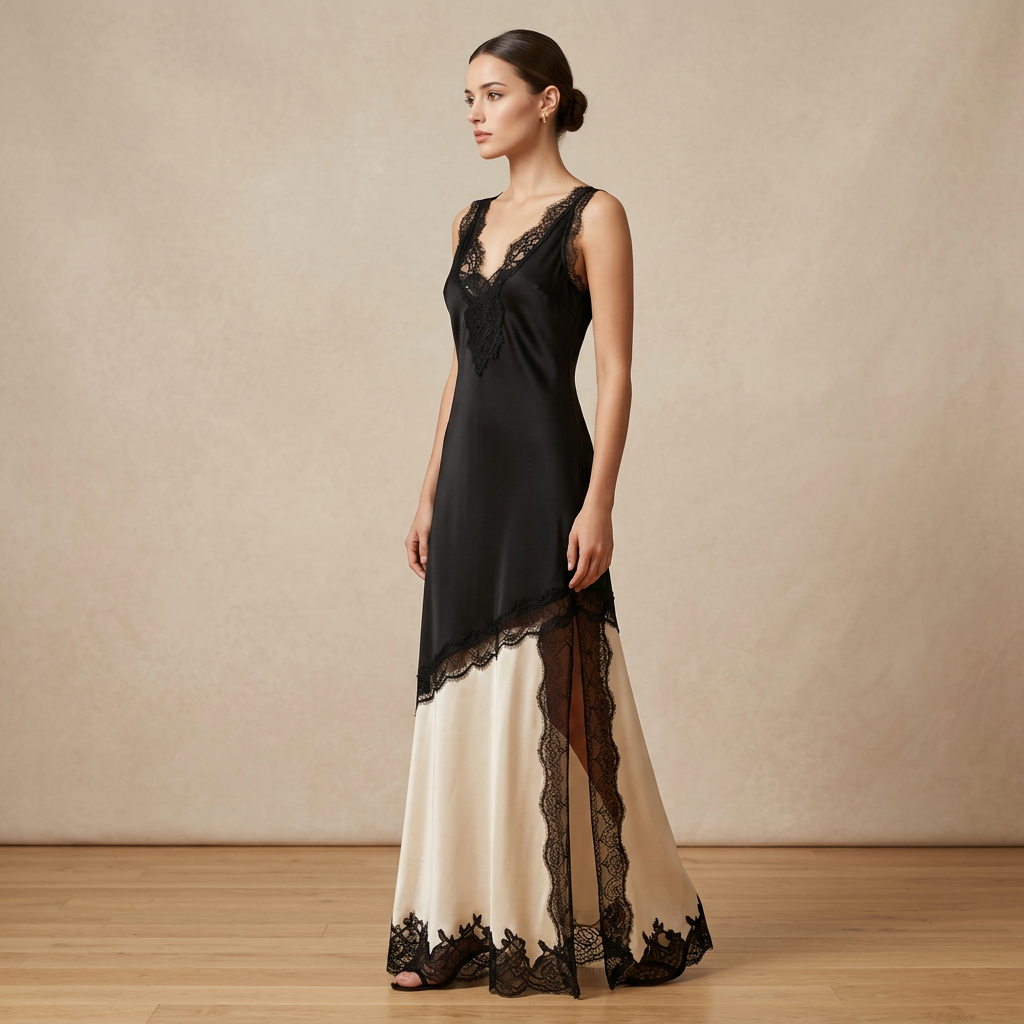 Black &amp; Ivory Satin Lace Slip Maxi Dress-Vyana Collective