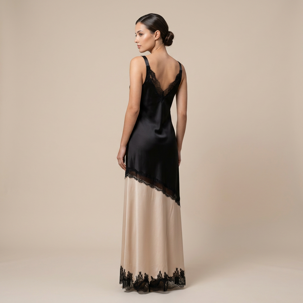 Black &amp; Ivory Satin Lace Slip Maxi Dress-Vyana Collective