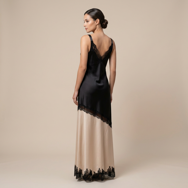 Black &amp; Ivory Satin Lace Slip Maxi Dress-Vyana Collective