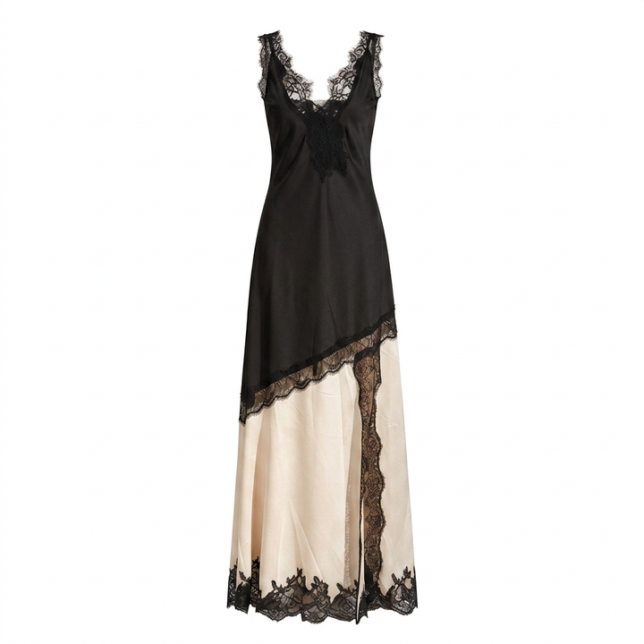 Black &amp; Ivory Satin Lace Slip Maxi Dress-Vyana Collective