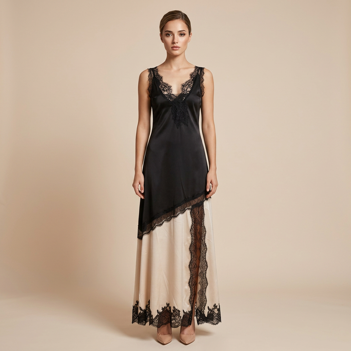 Black &amp; Ivory Satin Lace Slip Maxi Dress-Vyana Collective