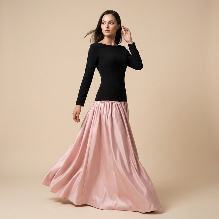 Black Knit Backless Satin Ball Gown Maxi Dress-Vyana Collective
