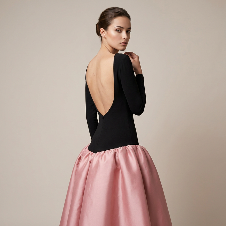 Black Knit Backless Satin Ball Gown Maxi Dress-Vyana Collective