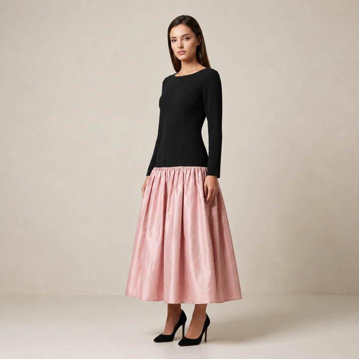 Black Knit Backless Satin Ball Gown Maxi Dress | Vyana Collective-Vyana Collective