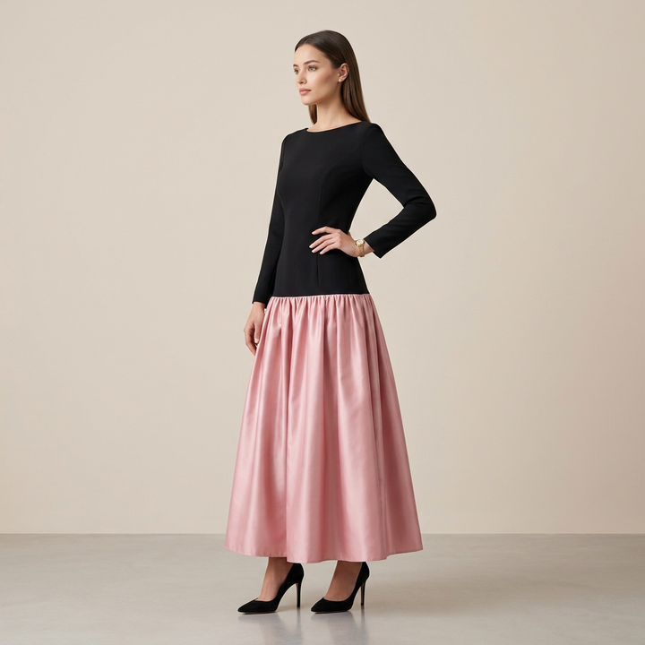 Black Knit Backless Satin Ball Gown Maxi Dress | Vyana Collective-Vyana Collective