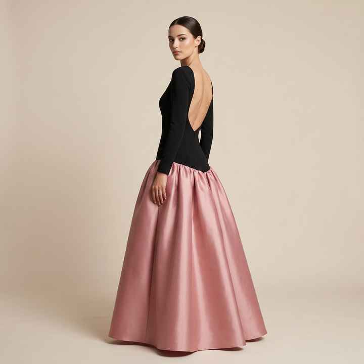 Black Knit Backless Satin Ball Gown Maxi Dress | Vyana Collective-Vyana Collective