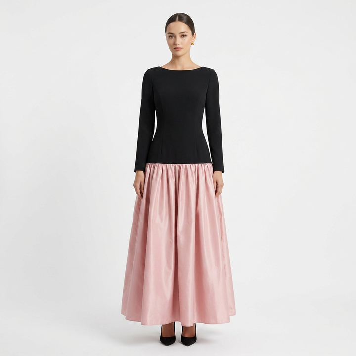 Black Knit Backless Satin Ball Gown Maxi Dress-Vyana Collective